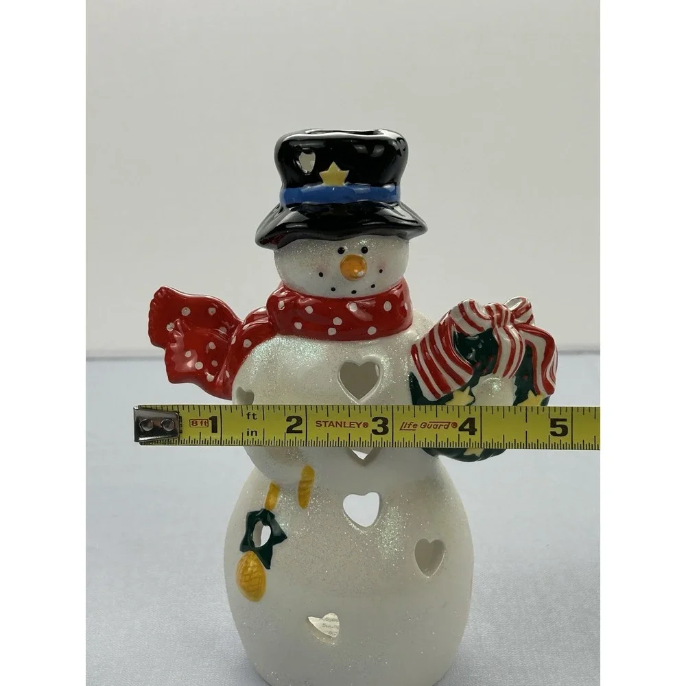 Ceramic Snowman Tealight Candle Holder Christmas Wreath Glitter Luminary 7